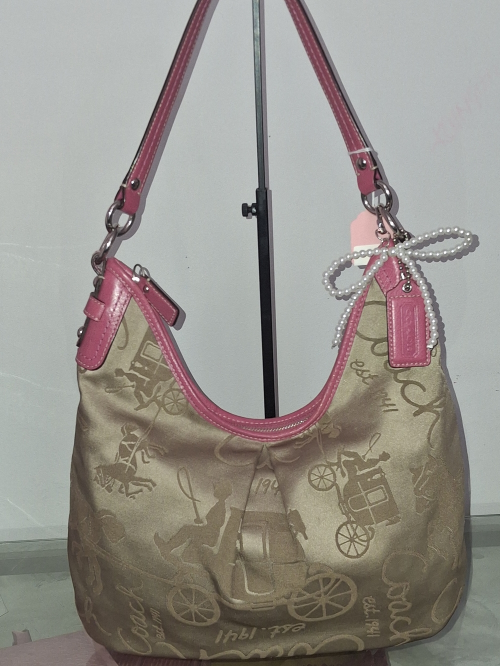 Coach Pink Trim Signature Horse Carriage Satchel Jacquard Hobo Bag